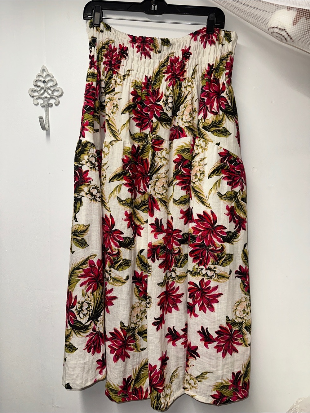 White Floral Maxi Skirt with pink & Green Print
